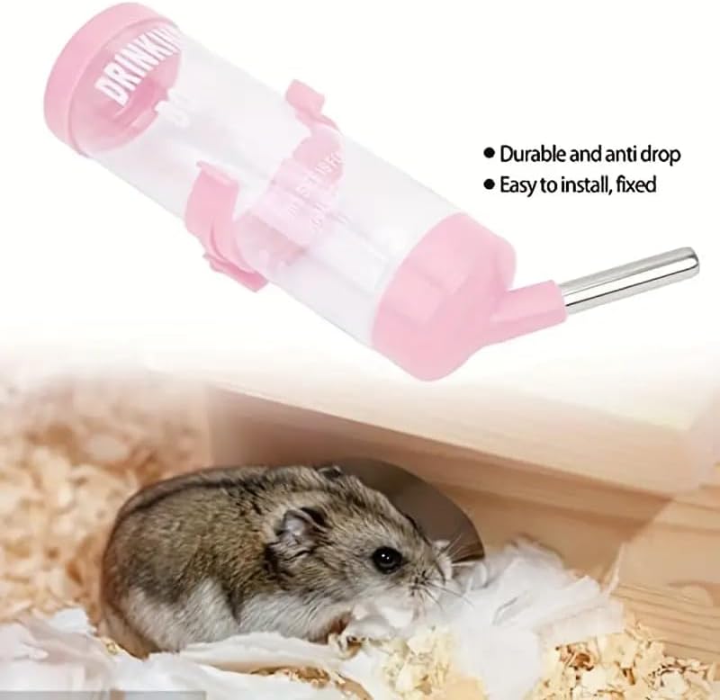 1pcs Small Animal Water Bottle Set, 2.71oz Stainless Steel Ball Bearing Automatic Anti-Drip Dispenser with Chew-Proof Leakproof Nozzle for Hamsters/Birds/Rabbits/Parrots (Pink 1PC)