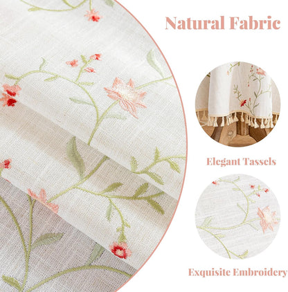 Round Linen Tablecloth 55", Farmhouse Table Cloth with Pink Floral Embroidery, Rustic Table Cloths for Round Table,Spill Resistant Round Table Cover with Tassel for Dining Kitchen Outdoor Party