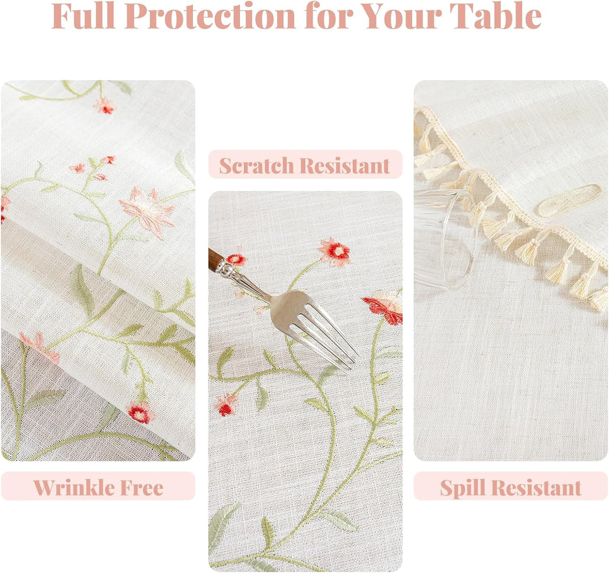 Round Linen Tablecloth 55", Farmhouse Table Cloth with Pink Floral Embroidery, Rustic Table Cloths for Round Table,Spill Resistant Round Table Cover with Tassel for Dining Kitchen Outdoor Party