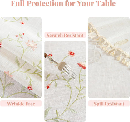 Round Linen Tablecloth 55", Farmhouse Table Cloth with Pink Floral Embroidery, Rustic Table Cloths for Round Table,Spill Resistant Round Table Cover with Tassel for Dining Kitchen Outdoor Party