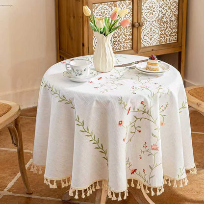 Round Linen Tablecloth 55", Farmhouse Table Cloth with Pink Floral Embroidery, Rustic Table Cloths for Round Table,Spill Resistant Round Table Cover with Tassel for Dining Kitchen Outdoor Party