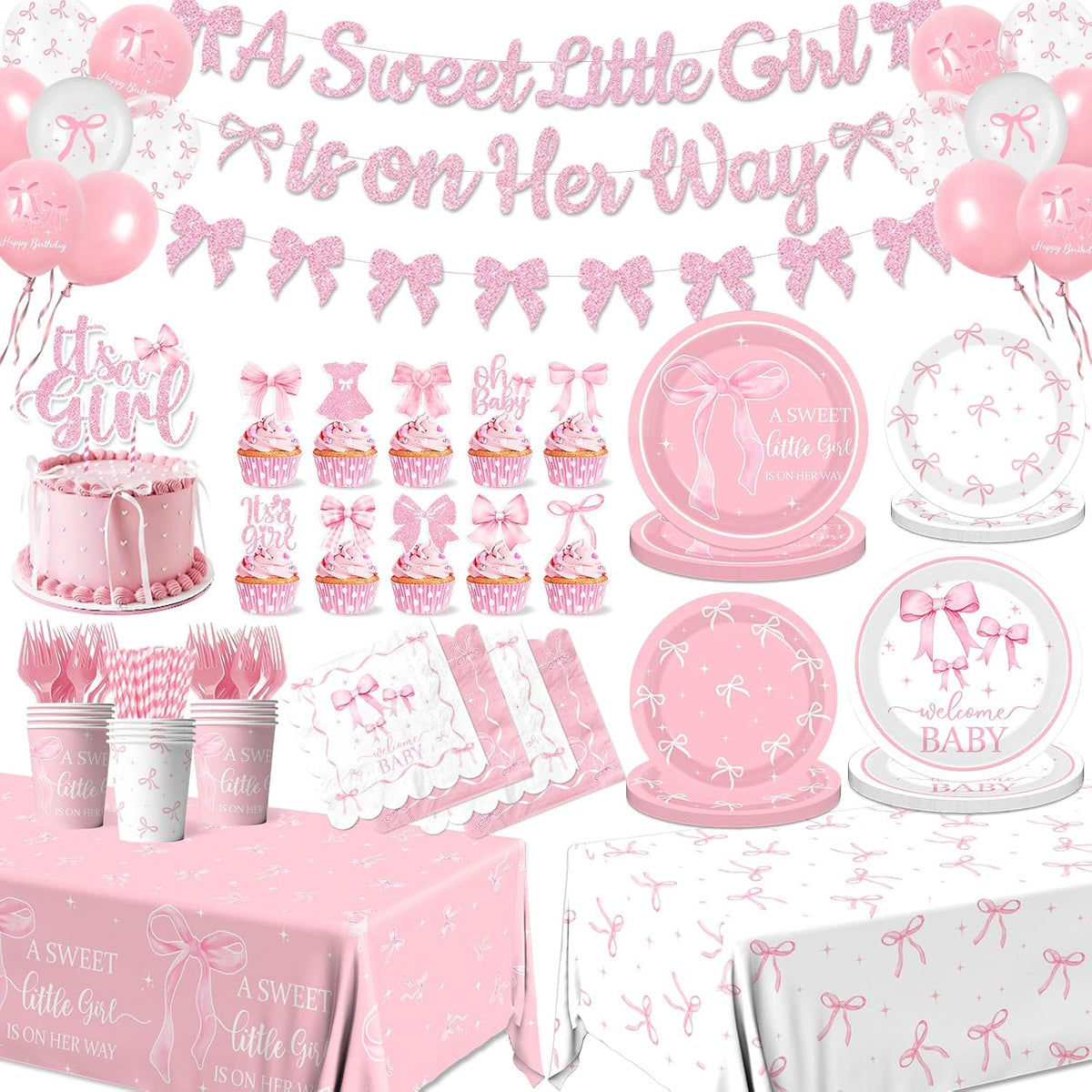 Pink Bow Baby Shower Decorations for Girl,Pink Bow Birthday Party Supplies Include Bow Plate,Napkin,Banner,Cake Topper,Balloons Welcome Baby Girl Decorations for Coquette Bow Party Serves 25