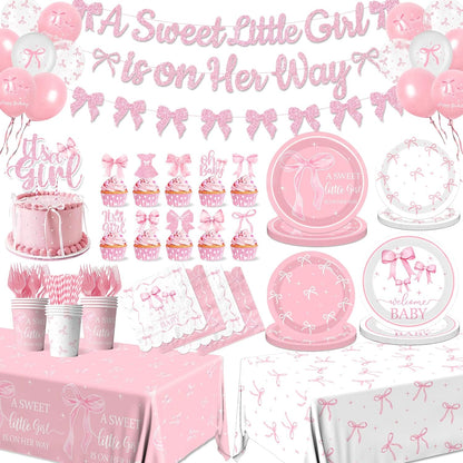 Pink Bow Baby Shower Decorations for Girl,Pink Bow Birthday Party Supplies Include Bow Plate,Napkin,Banner,Cake Topper,Balloons Welcome Baby Girl Decorations for Coquette Bow Party Serves 25