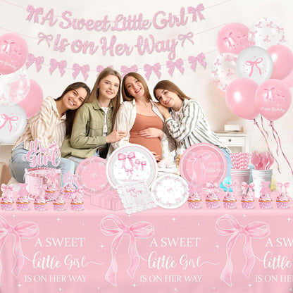 Pink Bow Baby Shower Decorations for Girl,Pink Bow Birthday Party Supplies Include Bow Plate,Napkin,Banner,Cake Topper,Balloons Welcome Baby Girl Decorations for Coquette Bow Party Serves 25