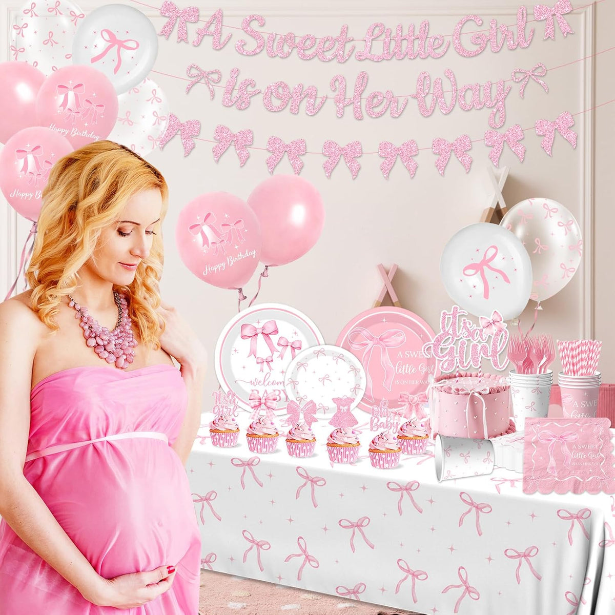 Pink Bow Baby Shower Decorations for Girl,Pink Bow Birthday Party Supplies Include Bow Plate,Napkin,Banner,Cake Topper,Balloons Welcome Baby Girl Decorations for Coquette Bow Party Serves 25