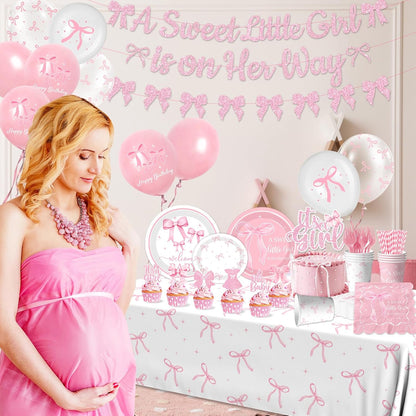 Pink Bow Baby Shower Decorations for Girl,Pink Bow Birthday Party Supplies Include Bow Plate,Napkin,Banner,Cake Topper,Balloons Welcome Baby Girl Decorations for Coquette Bow Party Serves 25
