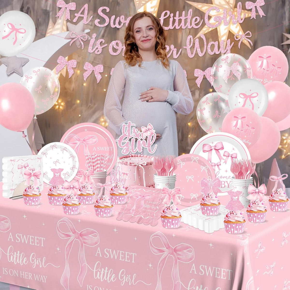 Pink Bow Baby Shower Decorations for Girl,Pink Bow Birthday Party Supplies Include Bow Plate,Napkin,Banner,Cake Topper,Balloons Welcome Baby Girl Decorations for Coquette Bow Party Serves 25