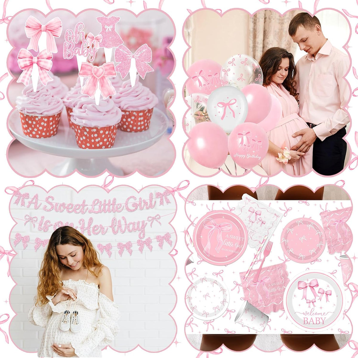 Pink Bow Baby Shower Decorations for Girl,Pink Bow Birthday Party Supplies Include Bow Plate,Napkin,Banner,Cake Topper,Balloons Welcome Baby Girl Decorations for Coquette Bow Party Serves 25