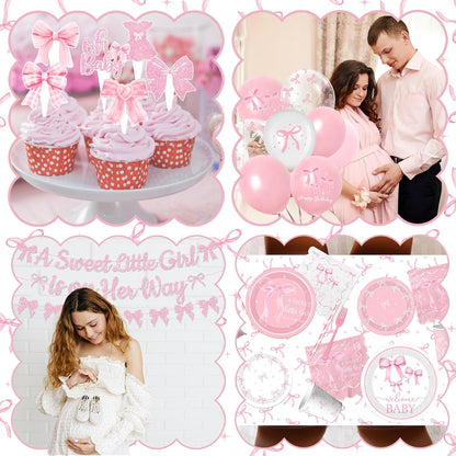 Pink Bow Baby Shower Decorations for Girl,Pink Bow Birthday Party Supplies Include Bow Plate,Napkin,Banner,Cake Topper,Balloons Welcome Baby Girl Decorations for Coquette Bow Party Serves 25
