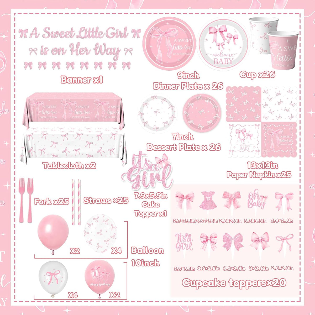 Pink Bow Baby Shower Decorations for Girl,Pink Bow Birthday Party Supplies Include Bow Plate,Napkin,Banner,Cake Topper,Balloons Welcome Baby Girl Decorations for Coquette Bow Party Serves 25
