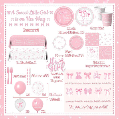 Pink Bow Baby Shower Decorations for Girl,Pink Bow Birthday Party Supplies Include Bow Plate,Napkin,Banner,Cake Topper,Balloons Welcome Baby Girl Decorations for Coquette Bow Party Serves 25
