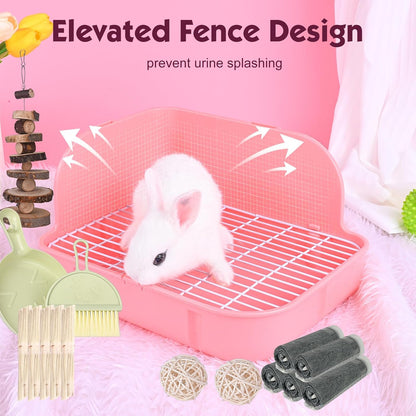 Rabbit Litter Box Toilet, Plastic Square Cage Box Potty Trainer Corner Litter Bedding Box Pet Pan for Small Animals, Rabbits, Guinea Pigs, Chinchilla, Ferret, Galesaur, 11.4 Inches (Pink)