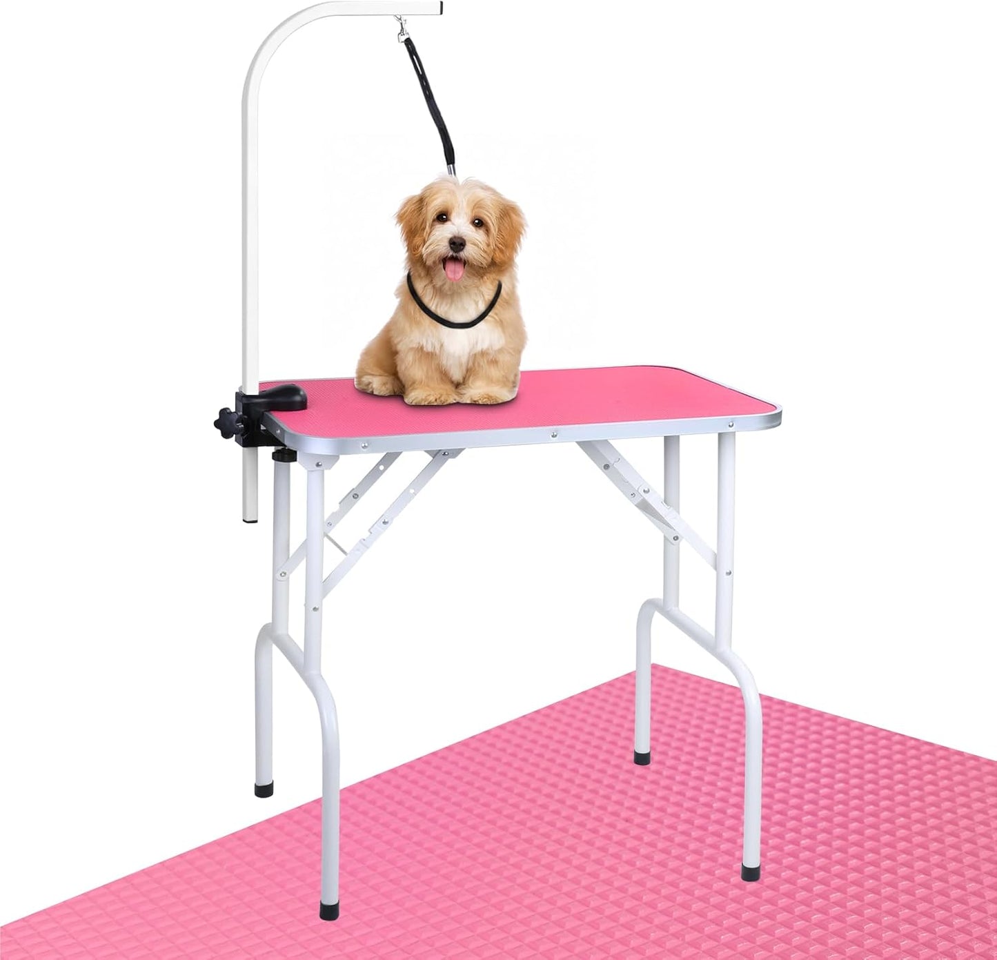 Pet Dog Grooming Table Foldable Grooming Table Heavy Duty Iron Frame with Arm & Noose for Dog Cat Pet Grooming (32'', Pink)