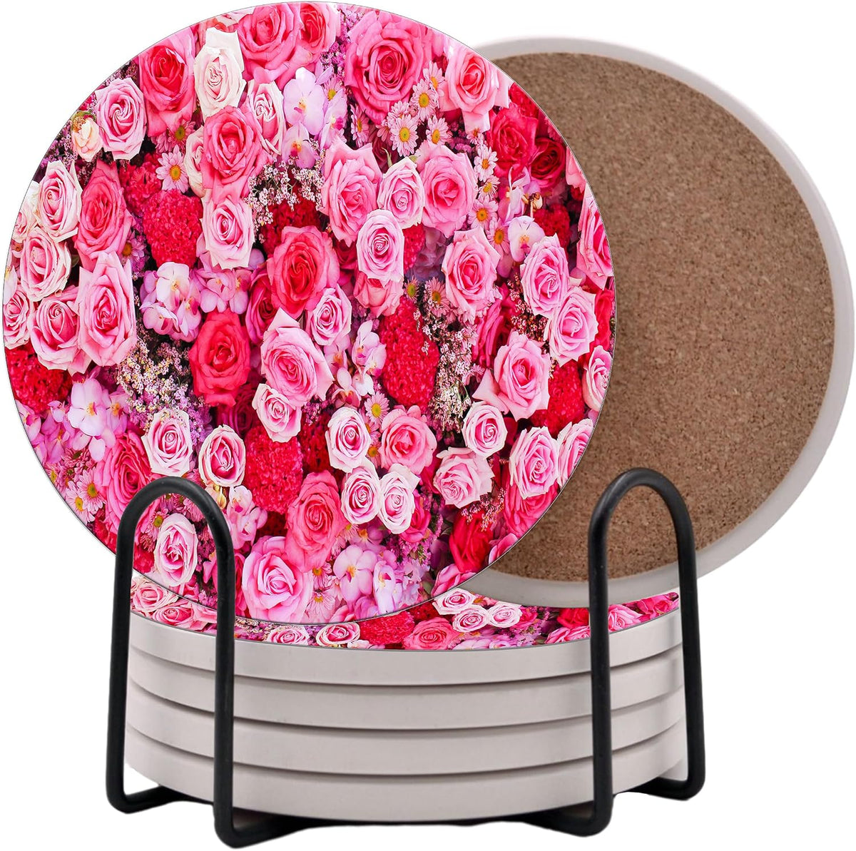 Roses Pink Rose Round Coasters Set of 6 - Abosrbent Ceramic Coasters with Metal Stand for Drinks, Coffee, Non-Slip Cork Back for Tabletop Protection, 4 Inches (Pink Bouquet)