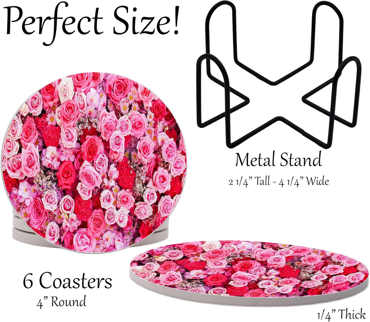 Roses Pink Rose Round Coasters Set of 6 - Abosrbent Ceramic Coasters with Metal Stand for Drinks, Coffee, Non-Slip Cork Back for Tabletop Protection, 4 Inches (Pink Bouquet)