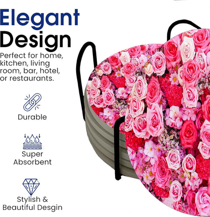 Roses Pink Rose Round Coasters Set of 6 - Abosrbent Ceramic Coasters with Metal Stand for Drinks, Coffee, Non-Slip Cork Back for Tabletop Protection, 4 Inches (Pink Bouquet)