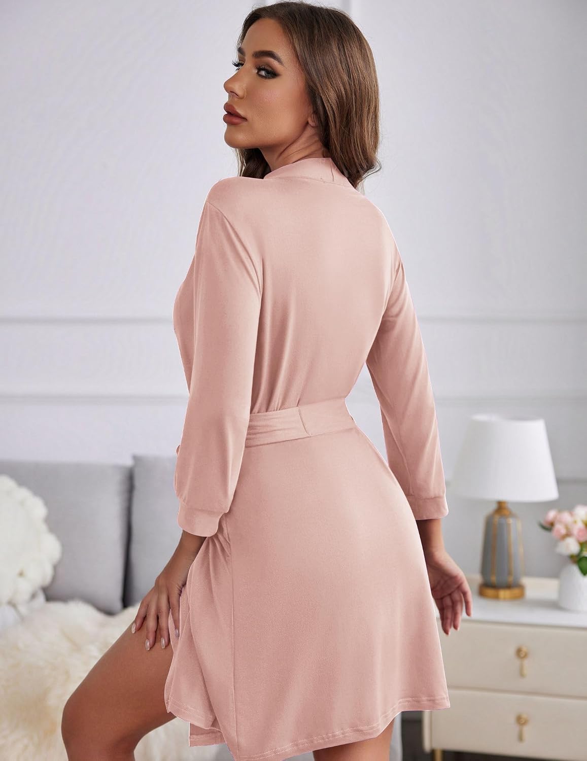 Women's Robe Soft Lightweight 3/4 Sleeve Knit Bathrobe with Pockets