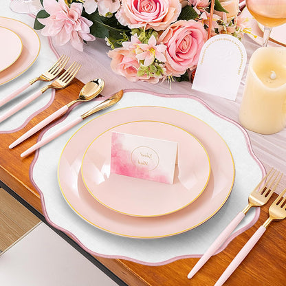 Set of 6 Scallop Linen Placemats, 15 Inch Pink and White Round Placemats Cotton Linen Table Mats Handcrafted Machine Washable Wrinkle Free Dining Placemat for Hotel Restaurant Kitchen