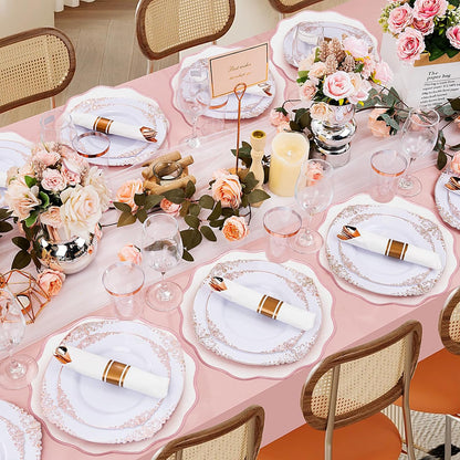 Set of 6 Scallop Linen Placemats, 15 Inch Pink and White Round Placemats Cotton Linen Table Mats Handcrafted Machine Washable Wrinkle Free Dining Placemat for Hotel Restaurant Kitchen