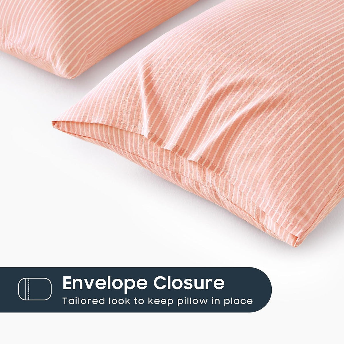 Striped Pillow Cases, 100% Washed Cotton, Ticking Stripe Pinstripe Neutral Farmhouse, Set of 2 Pillowcases Pillow Shams Covers, Light Pink, Standard Size 20x26 Inches