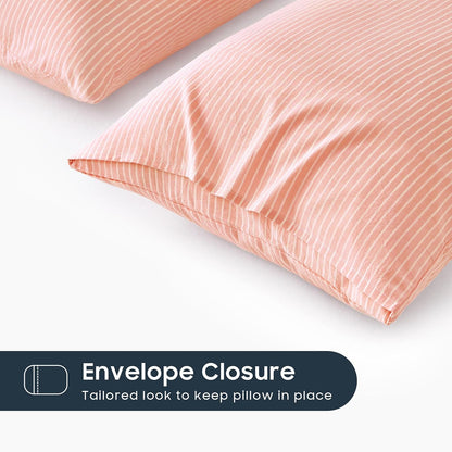 Striped Pillow Cases, 100% Washed Cotton, Ticking Stripe Pinstripe Neutral Farmhouse, Set of 2 Pillowcases Pillow Shams Covers, Light Pink, Standard Size 20x26 Inches