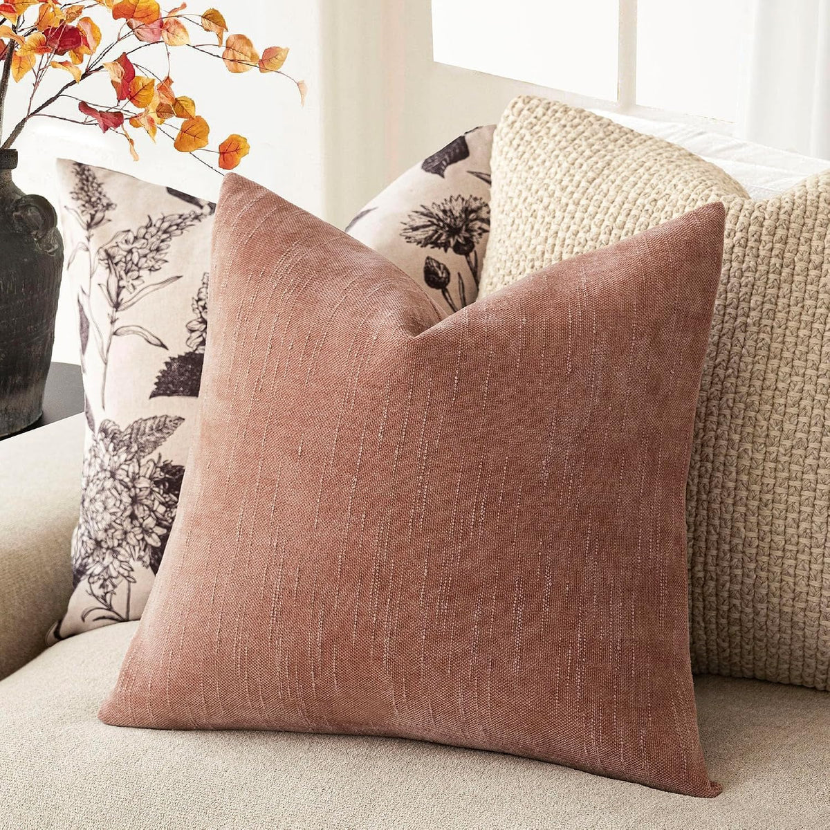 Solid Textured Chenille Throw Pillow Covers 18x18,Dusty Pink