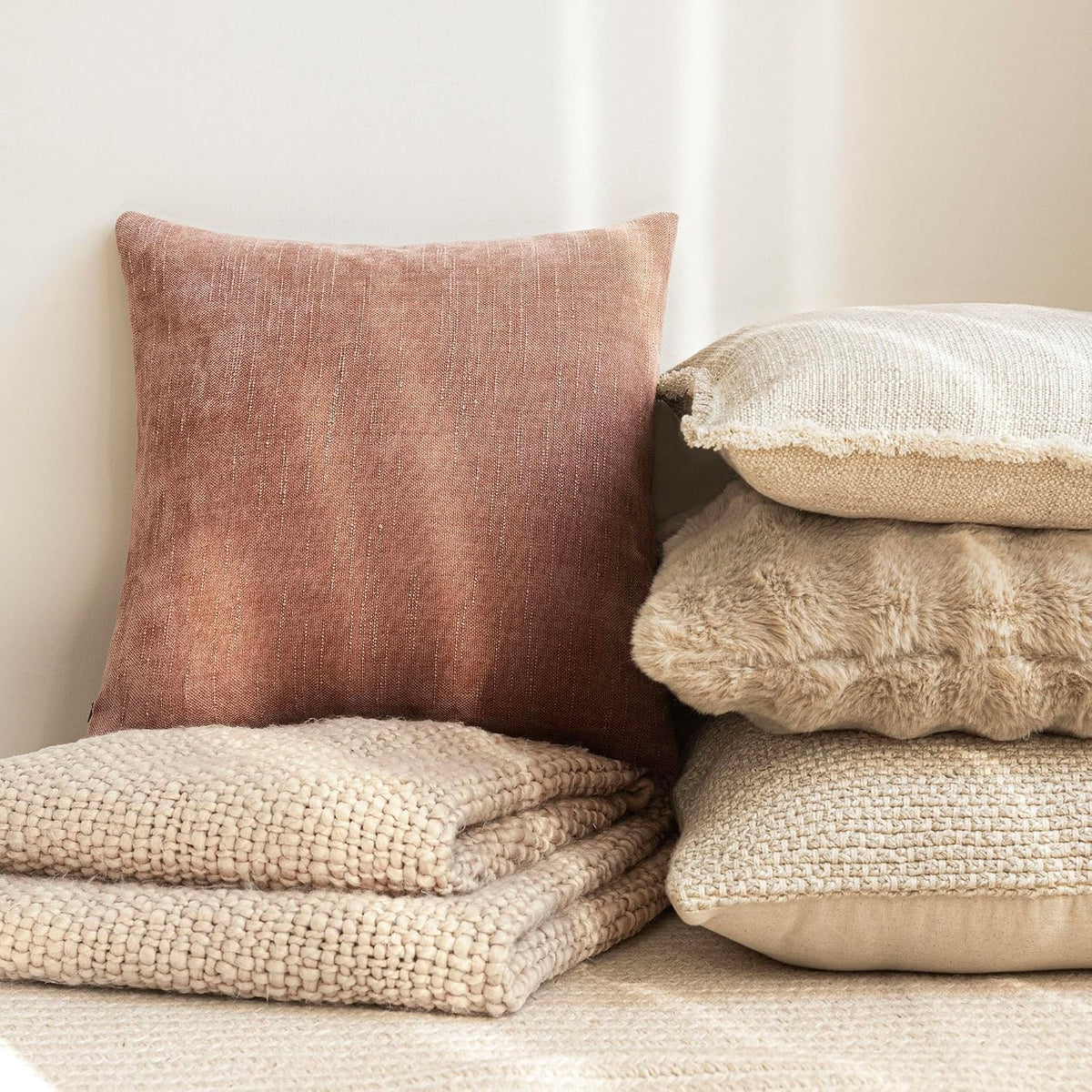 Solid Textured Chenille Throw Pillow Covers 18x18,Dusty Pink
