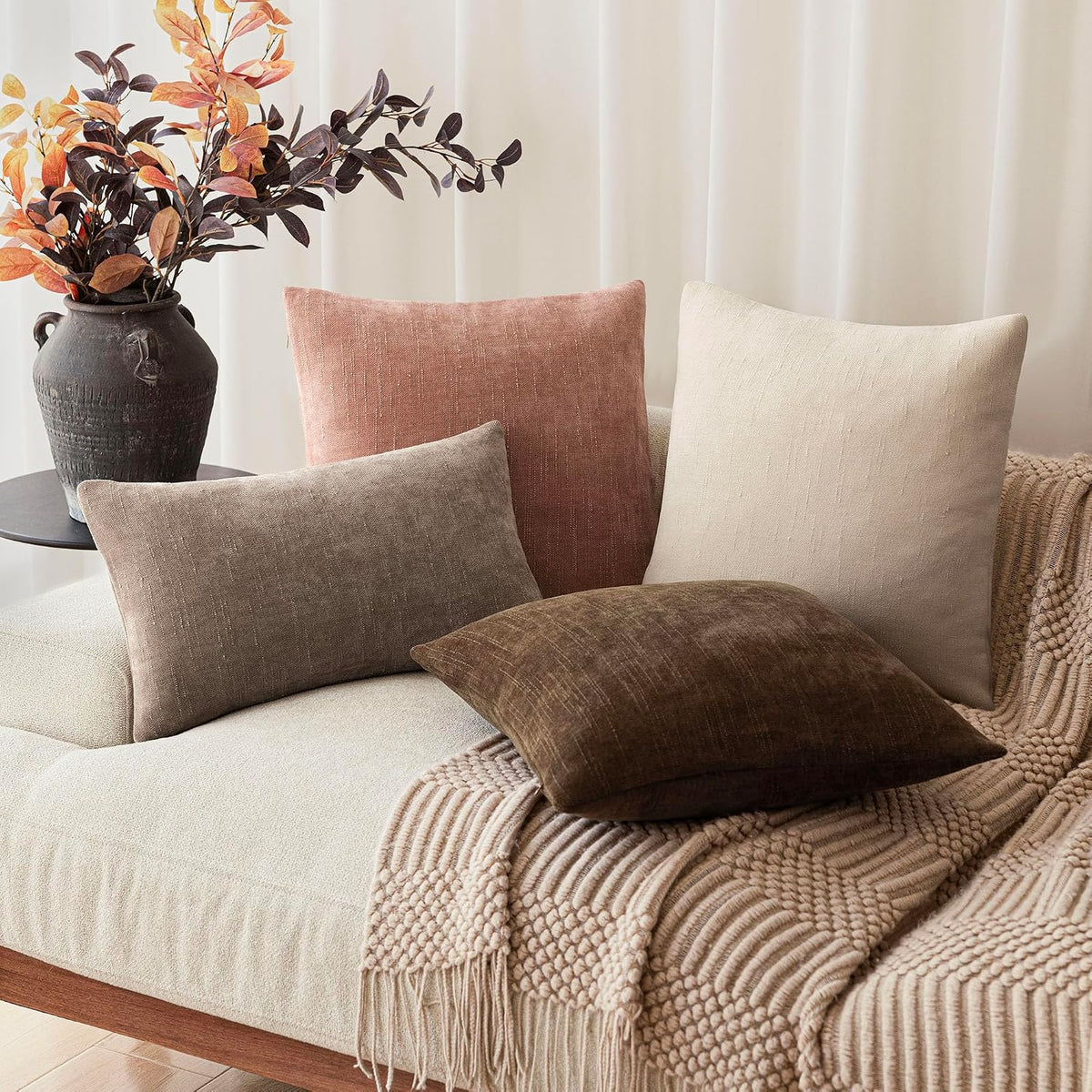 Solid Textured Chenille Throw Pillow Covers 18x18,Dusty Pink