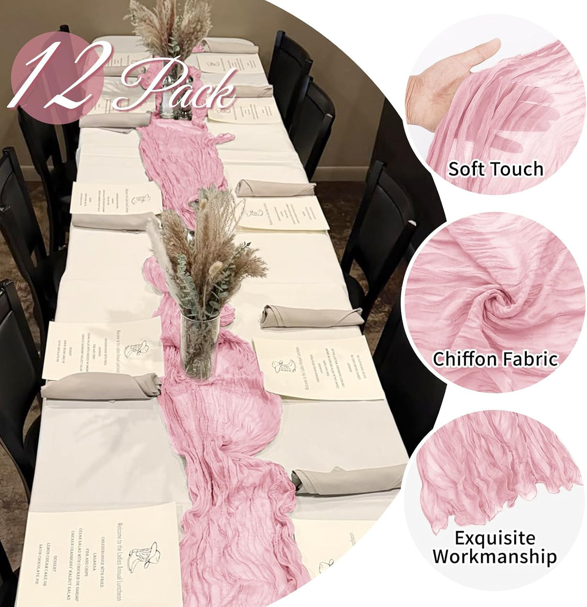 12 Pack Light Pink Cheesecloth Table Runner 20 x 120 Inch Gauze Table Runner Fabric Semi Sheer Cheese Cloth Table Decor Bulk for Rustic Romantic Wedding Baby Shower Party Table Decoration