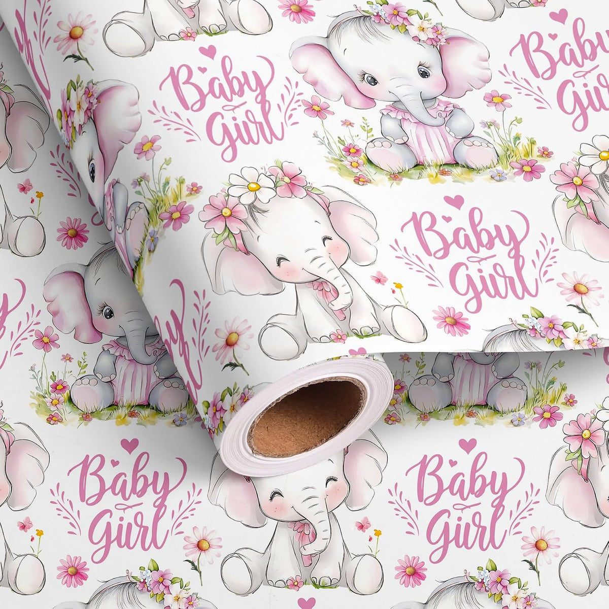 Baby Girl Wrapping Paper Roll - Pink Cute Elephant with Flower Design Gift Wrap for Baby Shower Birthday Party Holiday(Total 28.5 sq.ft)