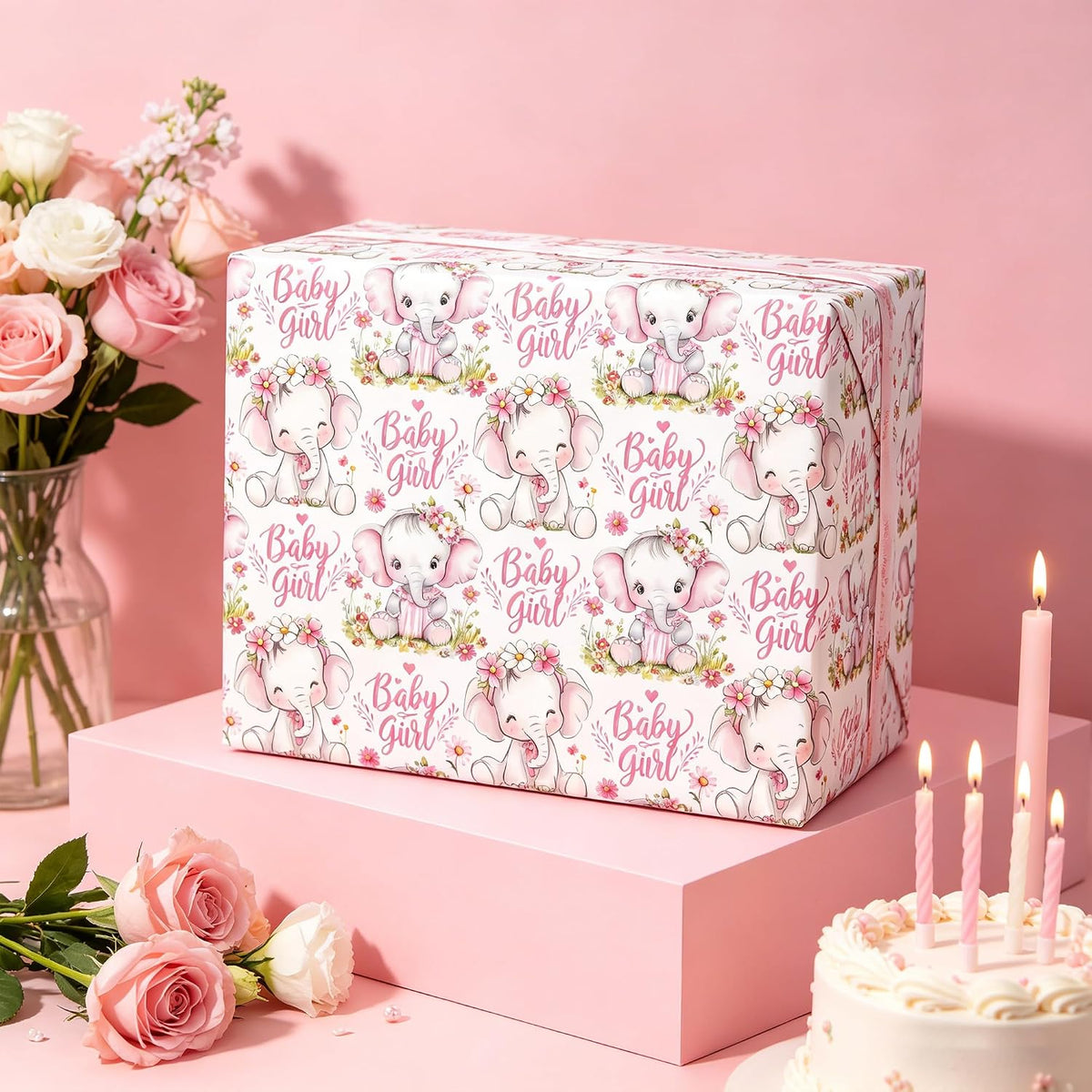 Baby Girl Wrapping Paper Roll - Pink Cute Elephant with Flower Design Gift Wrap for Baby Shower Birthday Party Holiday(Total 28.5 sq.ft)