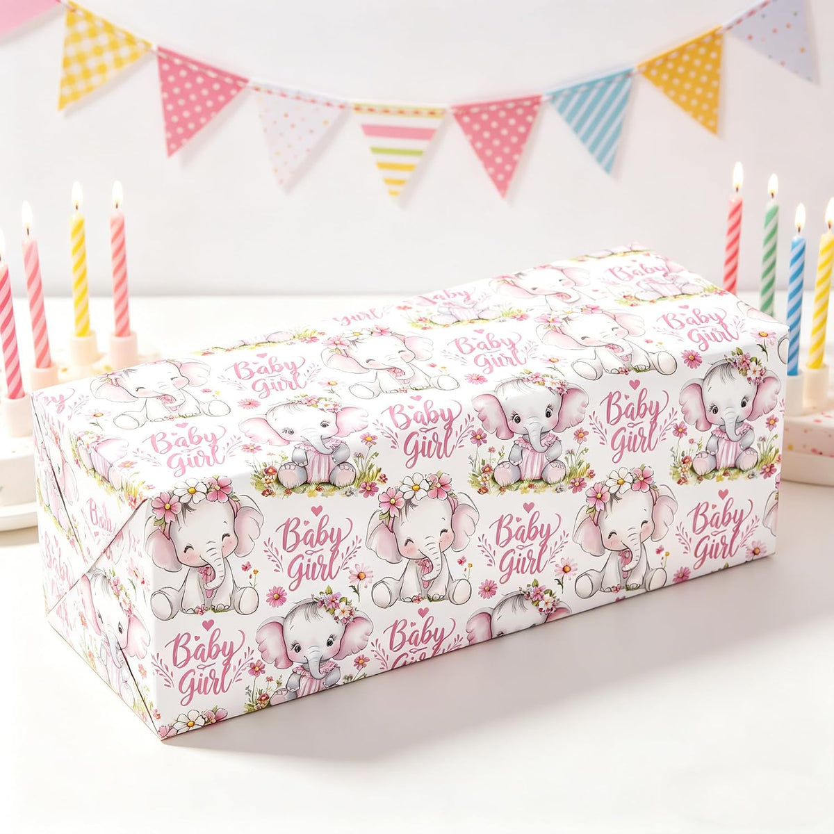 Baby Girl Wrapping Paper Roll - Pink Cute Elephant with Flower Design Gift Wrap for Baby Shower Birthday Party Holiday(Total 28.5 sq.ft)