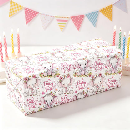Baby Girl Wrapping Paper Roll - Pink Cute Elephant with Flower Design Gift Wrap for Baby Shower Birthday Party Holiday(Total 28.5 sq.ft)