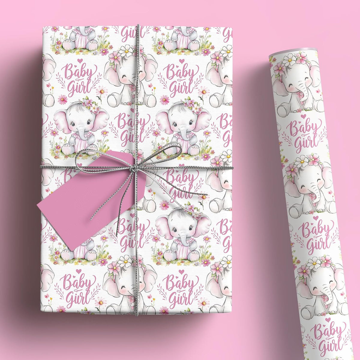 Baby Girl Wrapping Paper Roll - Pink Cute Elephant with Flower Design Gift Wrap for Baby Shower Birthday Party Holiday(Total 28.5 sq.ft)