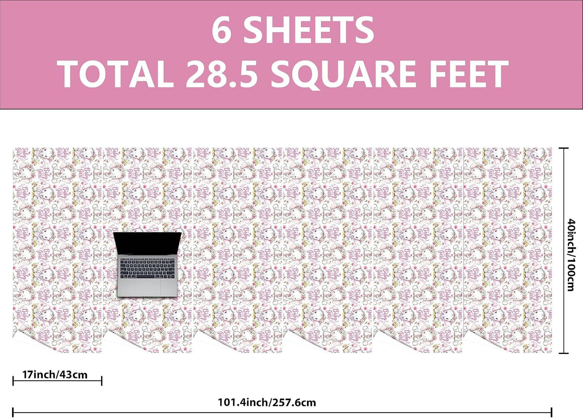 Baby Girl Wrapping Paper Roll - Pink Cute Elephant with Flower Design Gift Wrap for Baby Shower Birthday Party Holiday(Total 28.5 sq.ft)