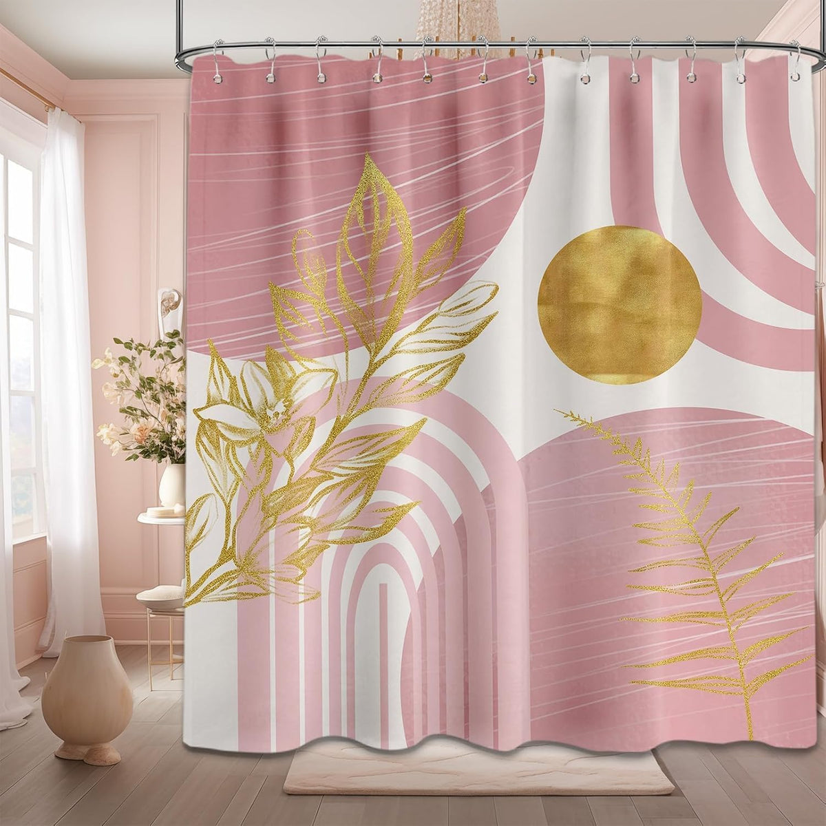 Light Pink and Gold Shower Curtain, 72x72 in, Mid Century Modern Girls