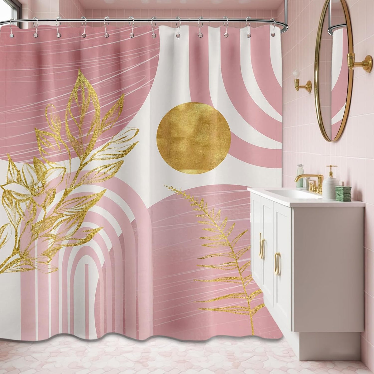 Light Pink and Gold Shower Curtain, 72x72 in, Mid Century Modern Girls