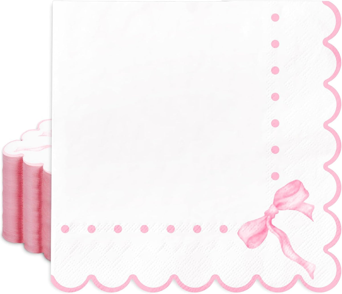 100Pcs Pink Bow Scalloped Paper Napkins Cute Luncheon Napkins Dinner Hand Napkins for Coquette Birthday Party Supplies Table Decor