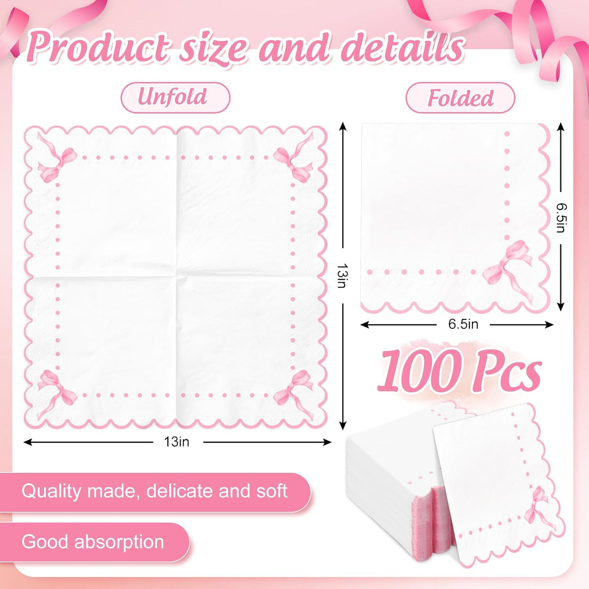 100Pcs Pink Bow Scalloped Paper Napkins Cute Luncheon Napkins Dinner Hand Napkins for Coquette Birthday Party Supplies Table Decor