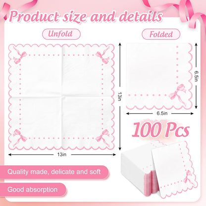 100Pcs Pink Bow Scalloped Paper Napkins Cute Luncheon Napkins Dinner Hand Napkins for Coquette Birthday Party Supplies Table Decor