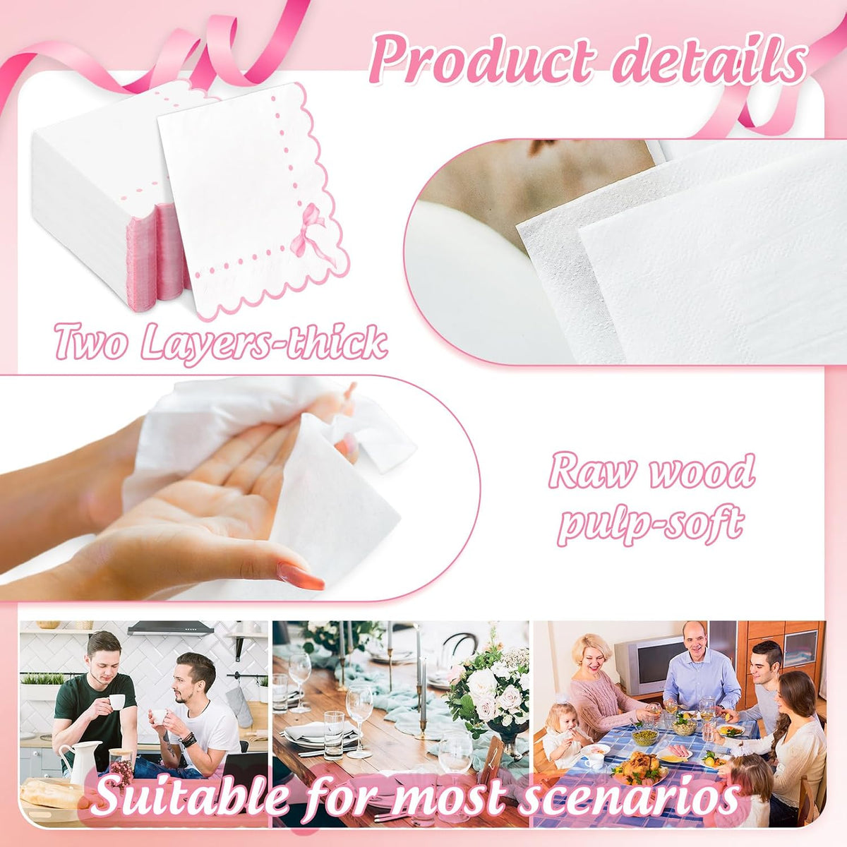 100Pcs Pink Bow Scalloped Paper Napkins Cute Luncheon Napkins Dinner Hand Napkins for Coquette Birthday Party Supplies Table Decor