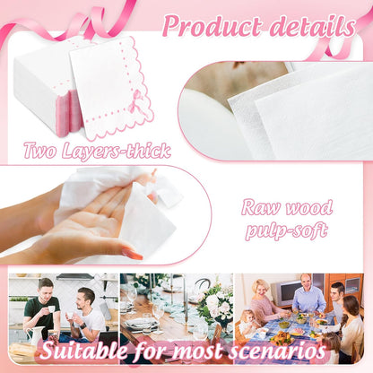 100Pcs Pink Bow Scalloped Paper Napkins Cute Luncheon Napkins Dinner Hand Napkins for Coquette Birthday Party Supplies Table Decor