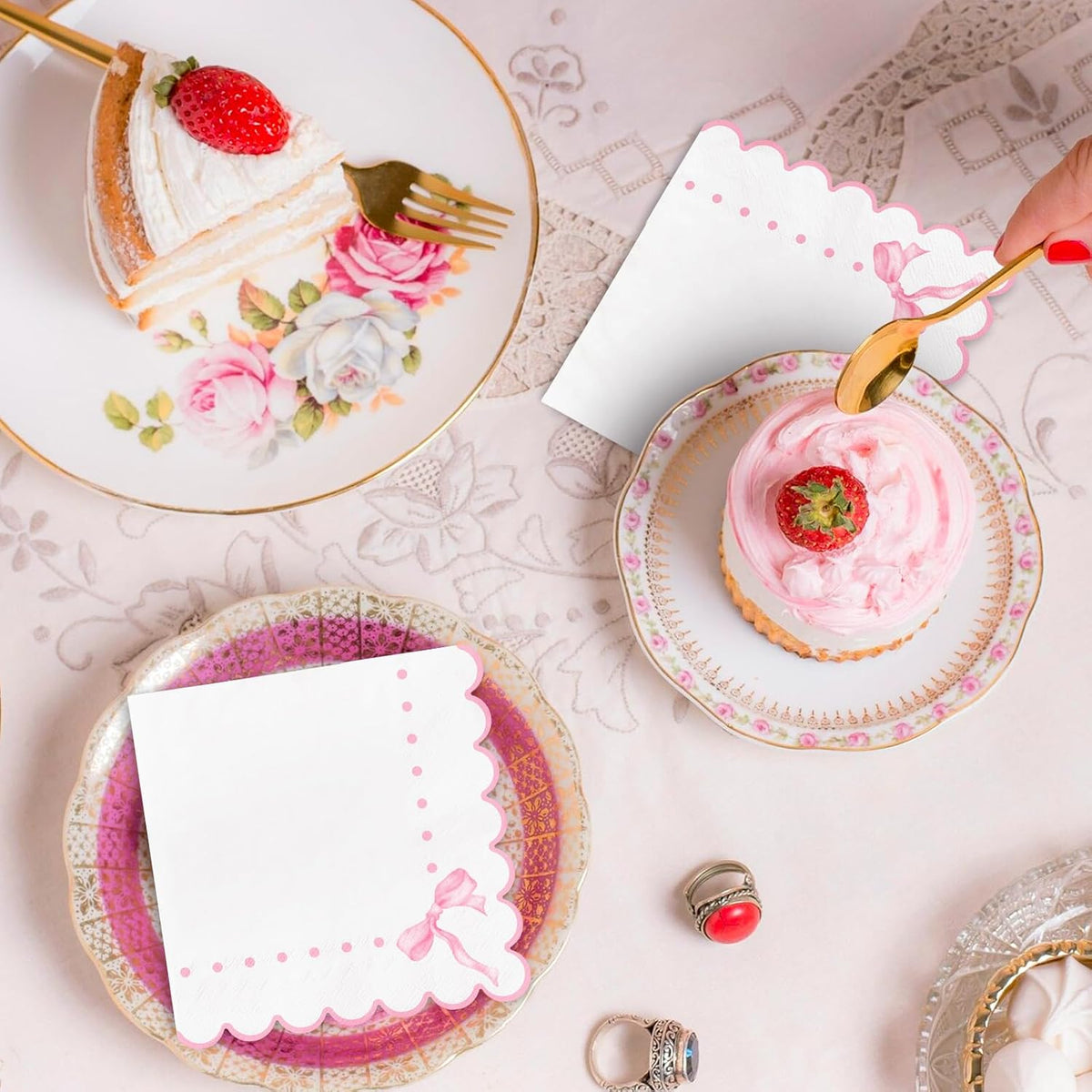 100Pcs Pink Bow Scalloped Paper Napkins Cute Luncheon Napkins Dinner Hand Napkins for Coquette Birthday Party Supplies Table Decor