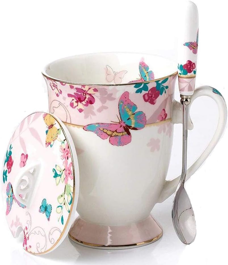 Porcelain Coffee Mug with Lid, 11oz ((Butterflies Pattern) (Pink))