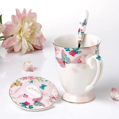 Porcelain Coffee Mug with Lid, 11oz ((Butterflies Pattern) (Pink))