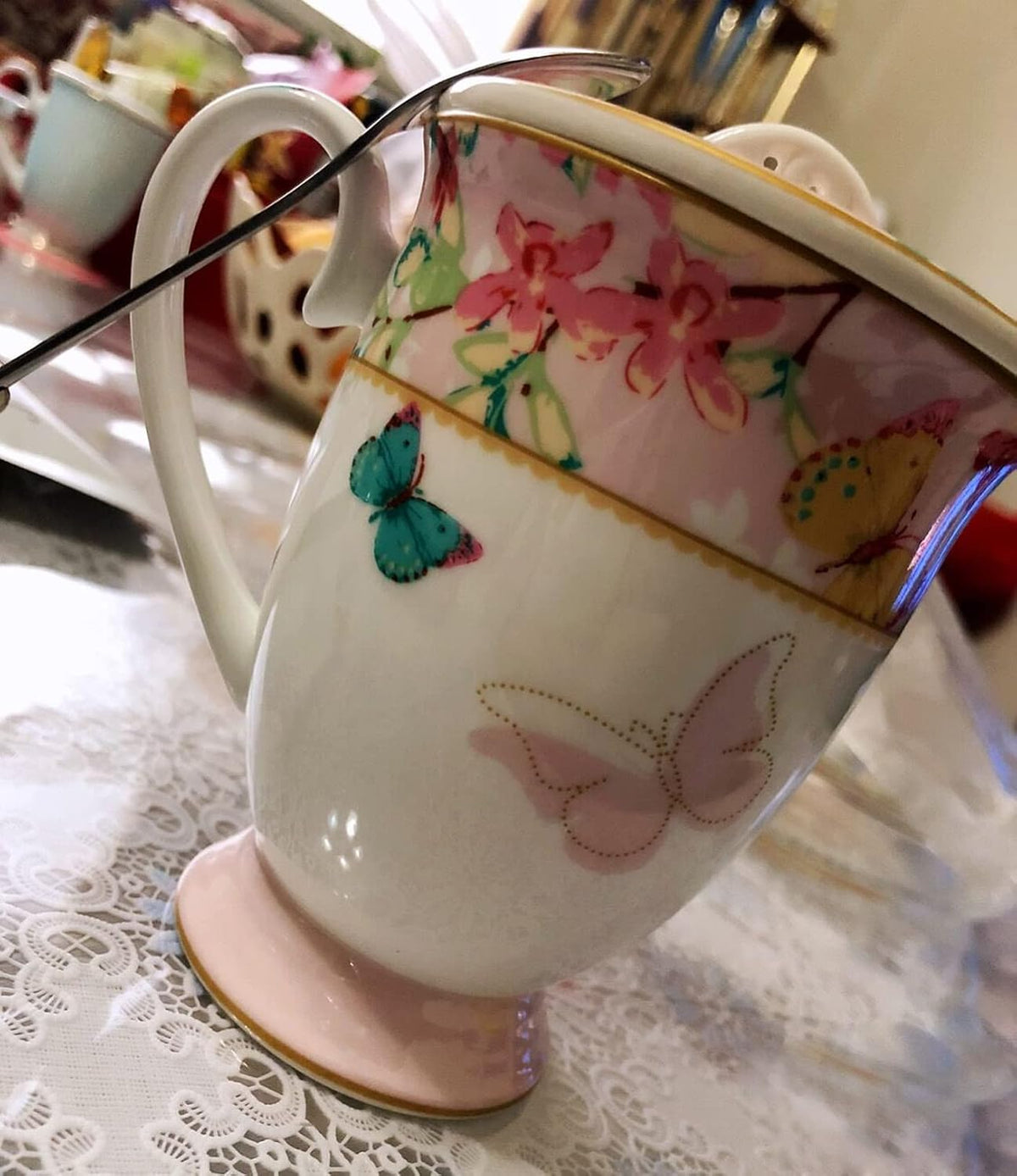 Porcelain Coffee Mug with Lid, 11oz ((Butterflies Pattern) (Pink))