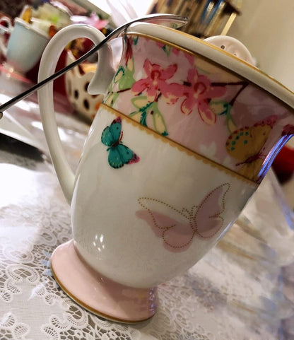 Porcelain Coffee Mug with Lid, 11oz ((Butterflies Pattern) (Pink))