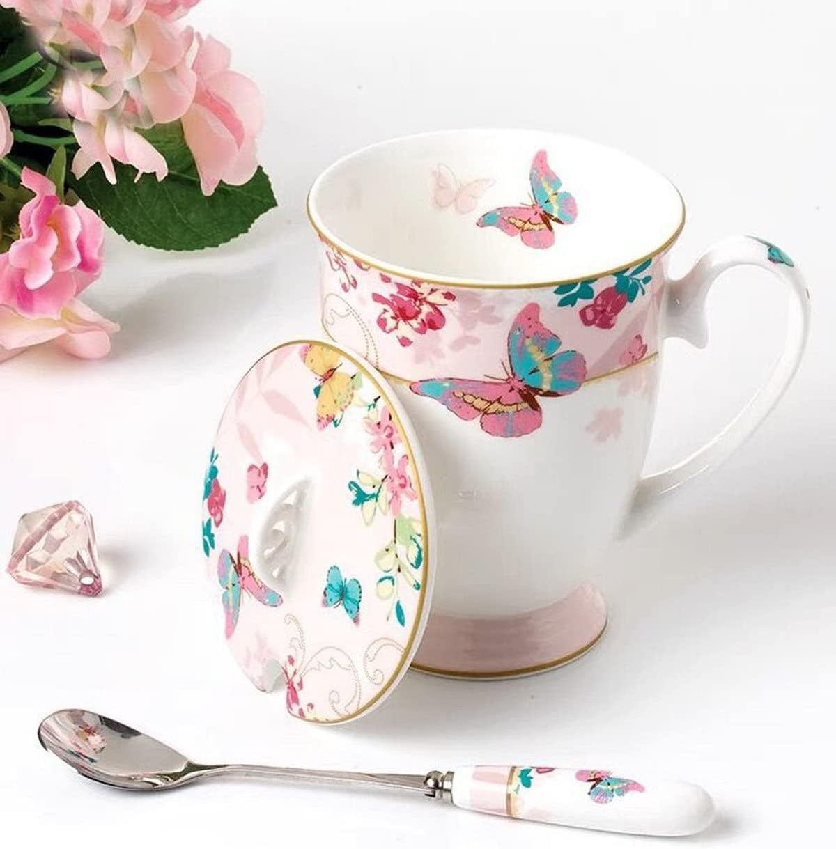 Porcelain Coffee Mug with Lid, 11oz ((Butterflies Pattern) (Pink))