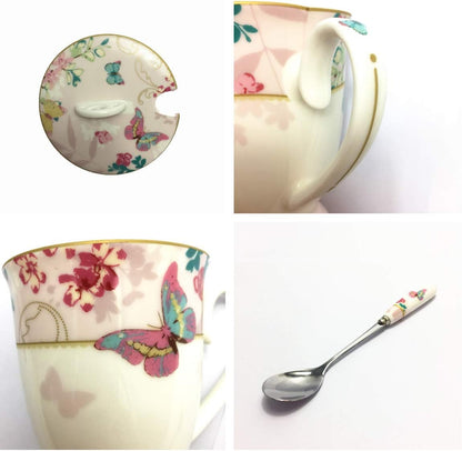 Porcelain Coffee Mug with Lid, 11oz ((Butterflies Pattern) (Pink))