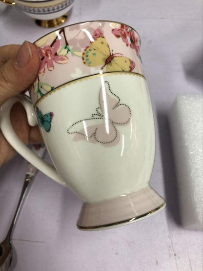 Porcelain Coffee Mug with Lid, 11oz ((Butterflies Pattern) (Pink))